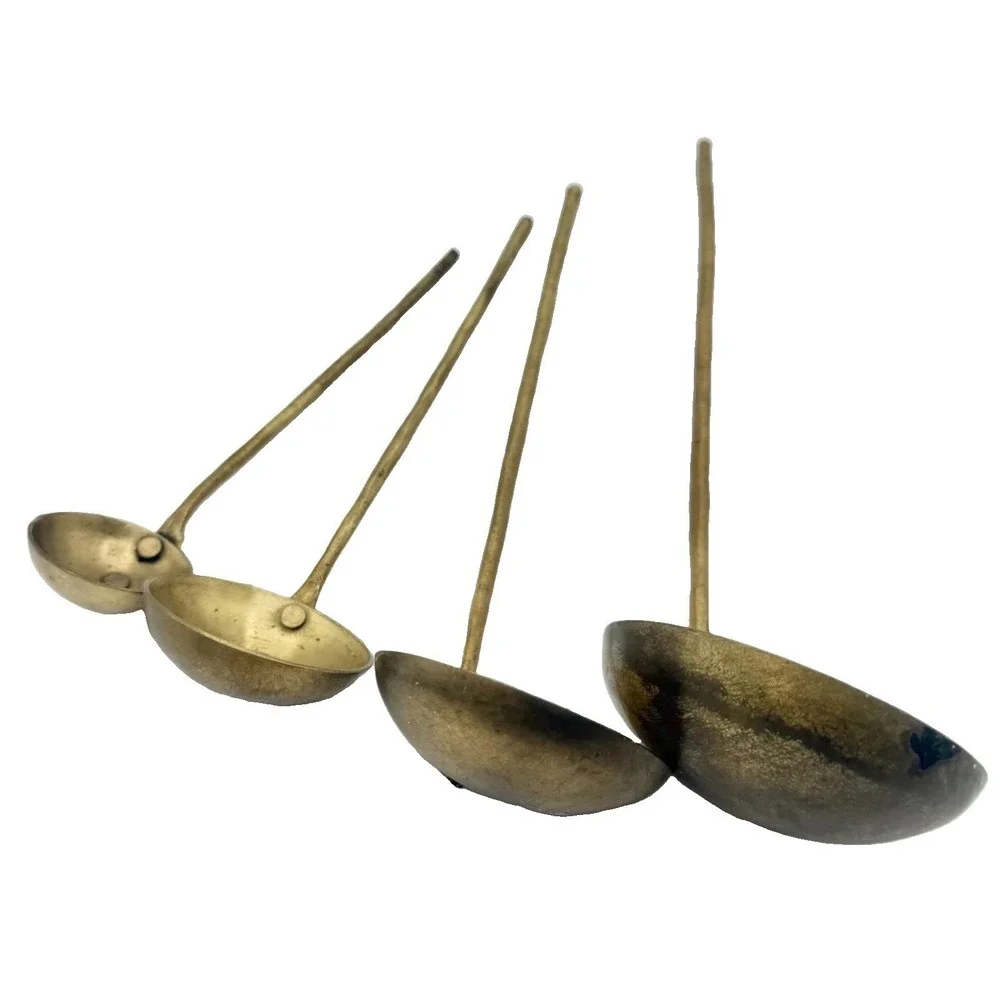 Set of 4 Antiqued Brass Graduated Ladles Long Handle Kitchen Measuring Scoops